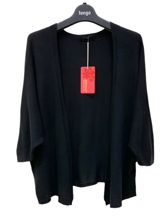 Black cardigan on a hanger with a red tag against a white background
