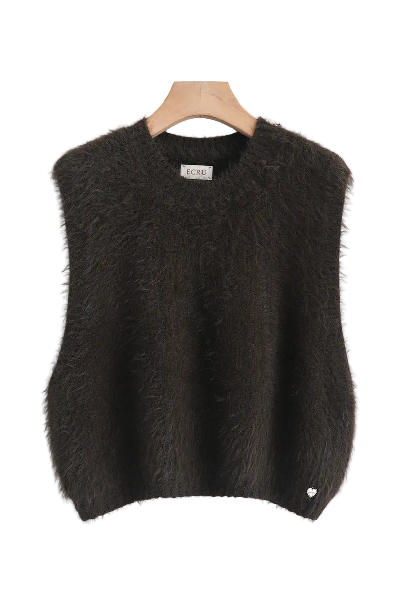 A dark brown fuzzy knit sweater vest hanging on a wooden hanger against a light gray background,