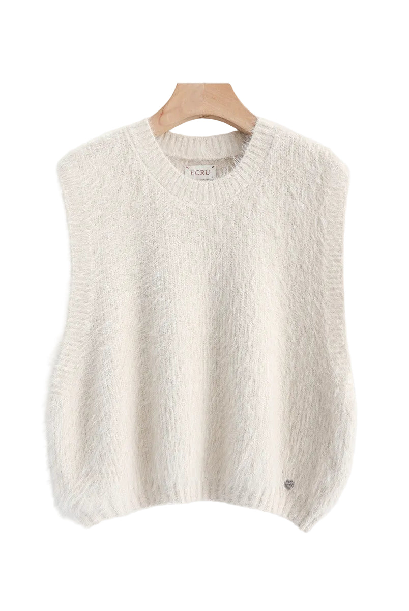 An off-white textured knit sweater vest hanging on a wooden hanger against a white background,