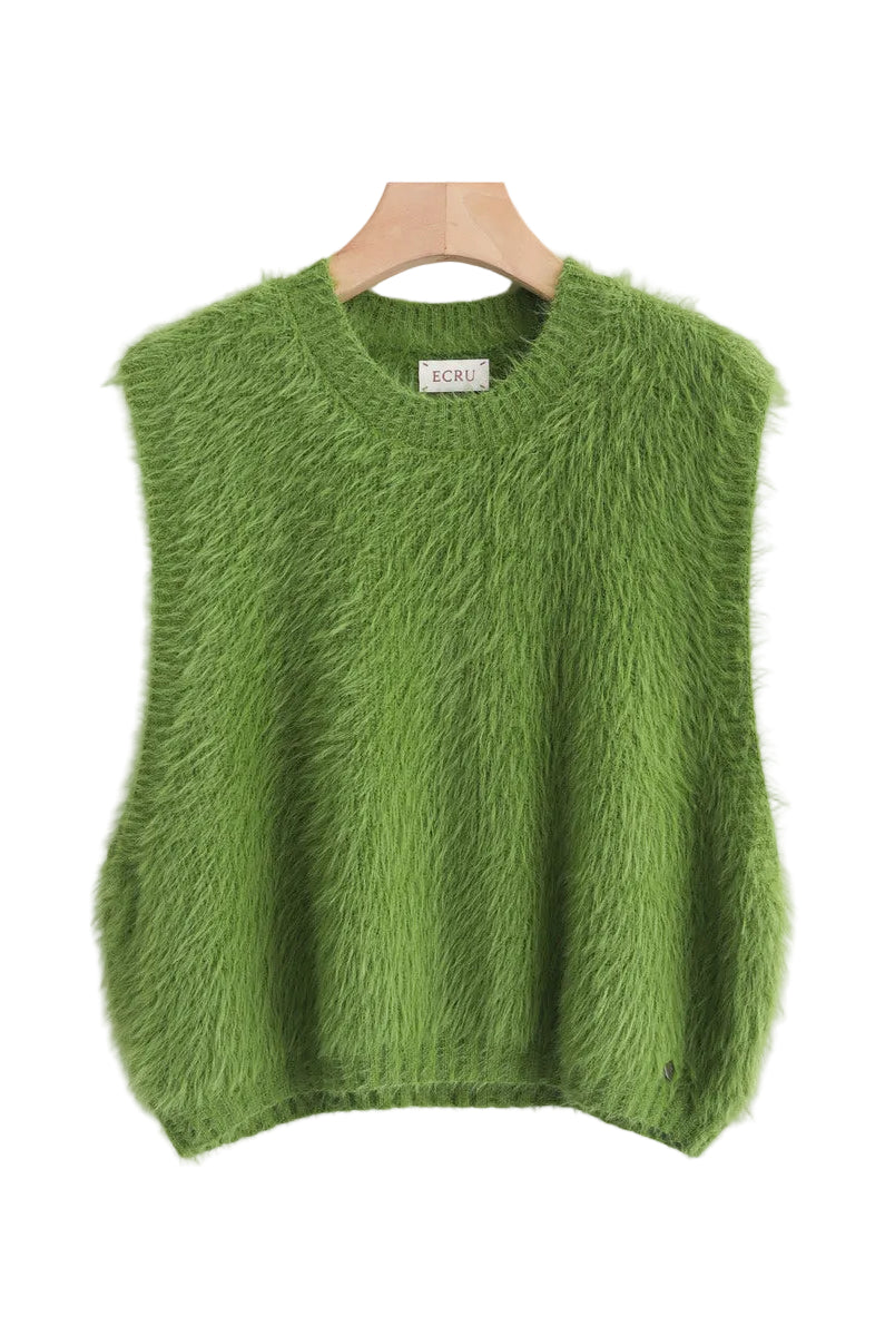 A green fuzzy knit sweater vest hanging on a wooden hanger against a light gray background,