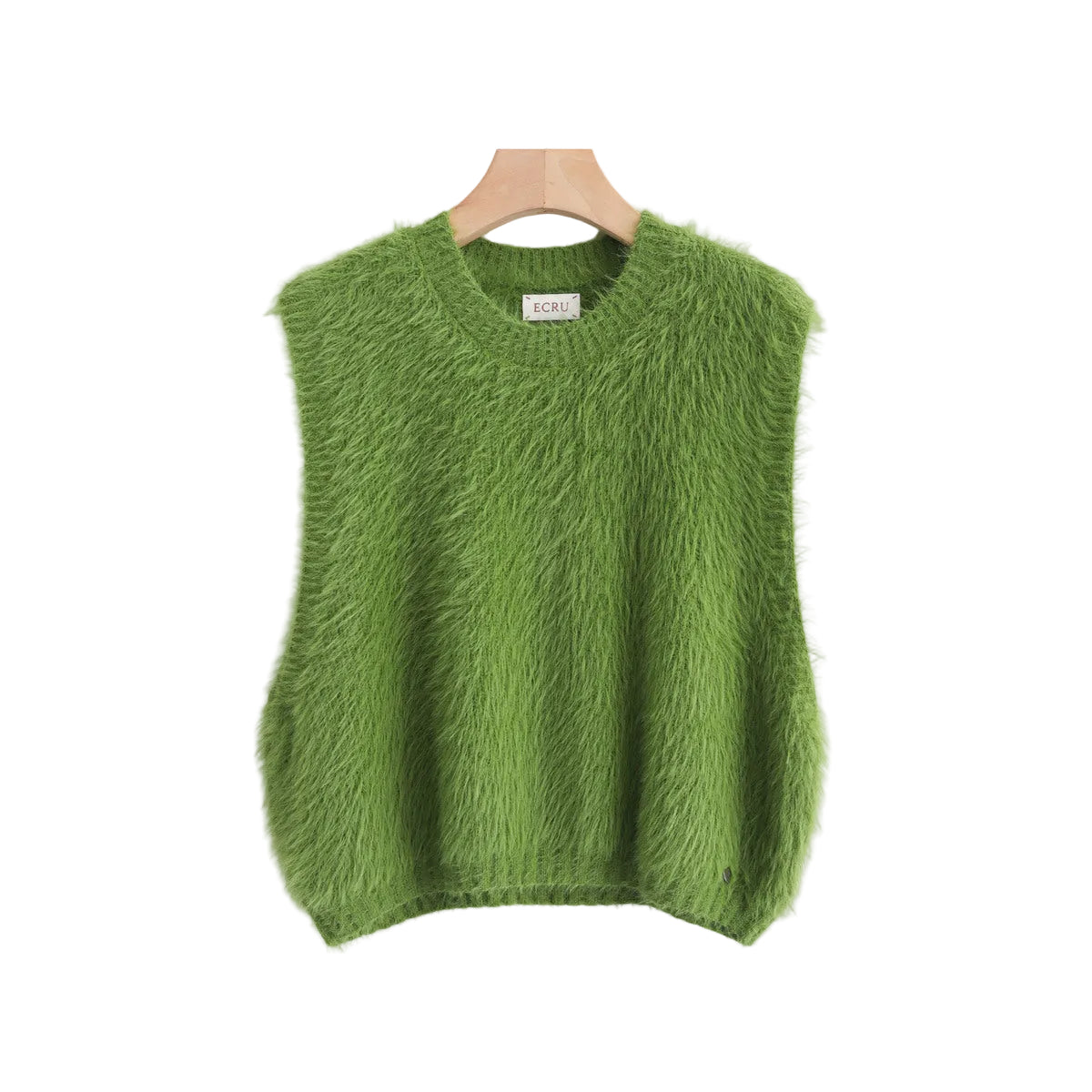 A green fuzzy knit sweater vest hanging on a wooden hanger against a light gray background,