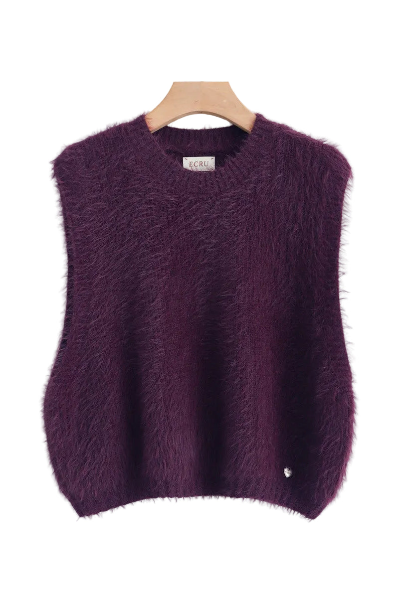 A sleeveless fuzzy knit sweater vest in deep purple, hanging on a wooden hanger against a plain white background.