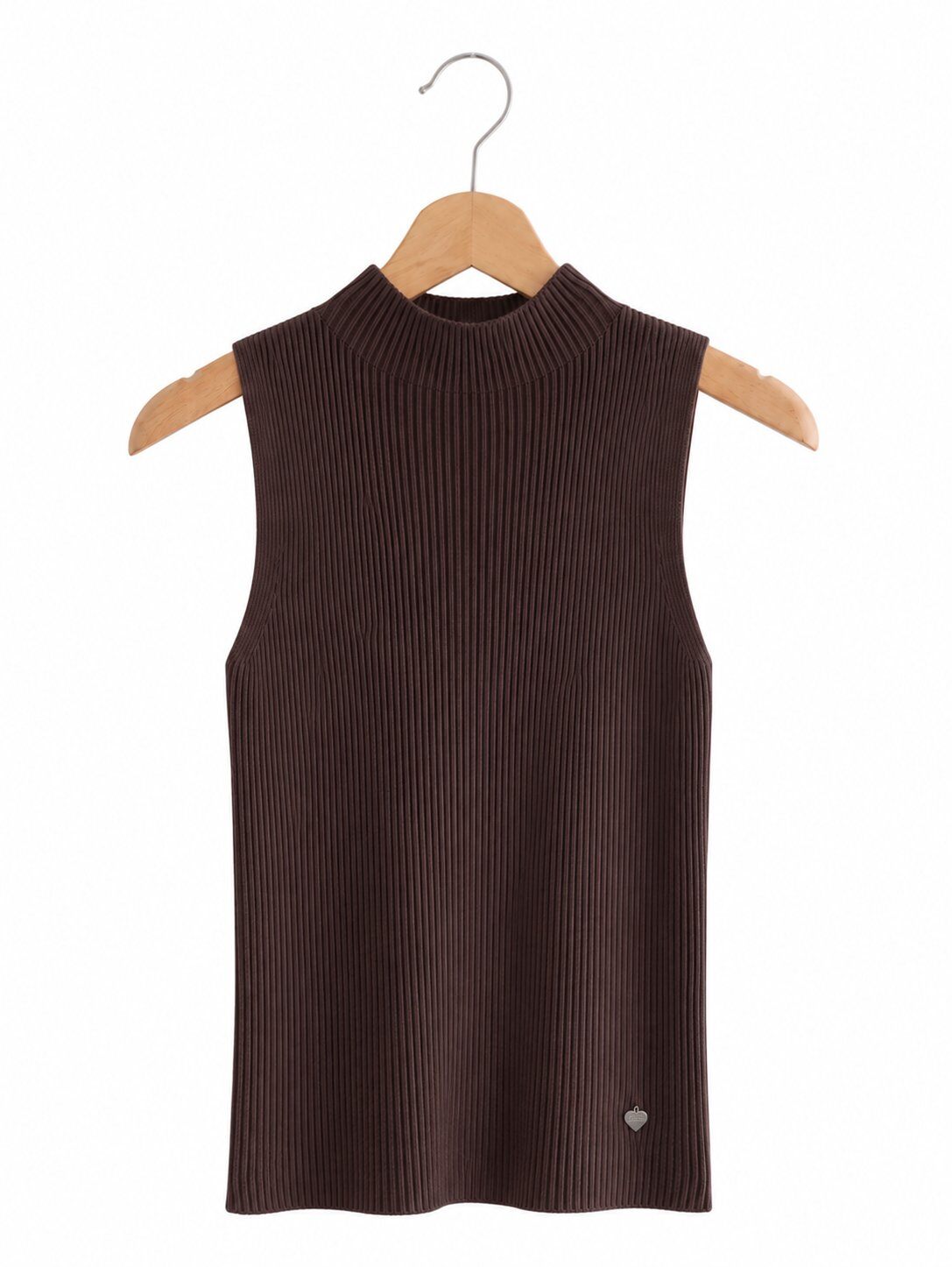 A sleeveless ribbed knit mock neck top in dark brown,