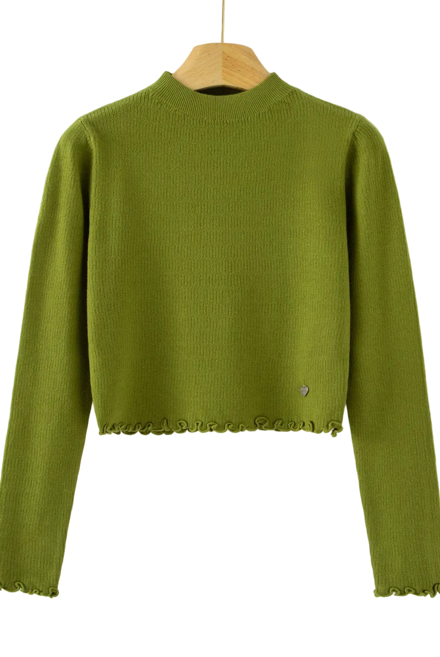An olive green long-sleeve knit sweater with a cropped hem and scalloped edges, hanging on a wooden hanger against a plain white background.