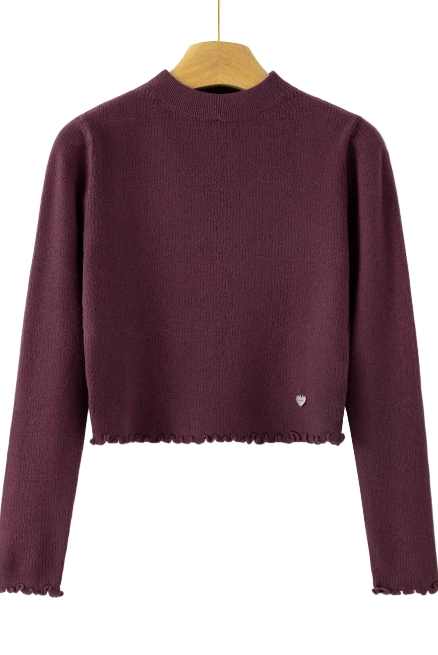 A dark plum purple ribbed knit long-sleeve crop top sweater hanging on a wooden hanger against a plain white background. The bottom hem has a scalloped edge, and there is a tiny silver heart detail on the lower left side.