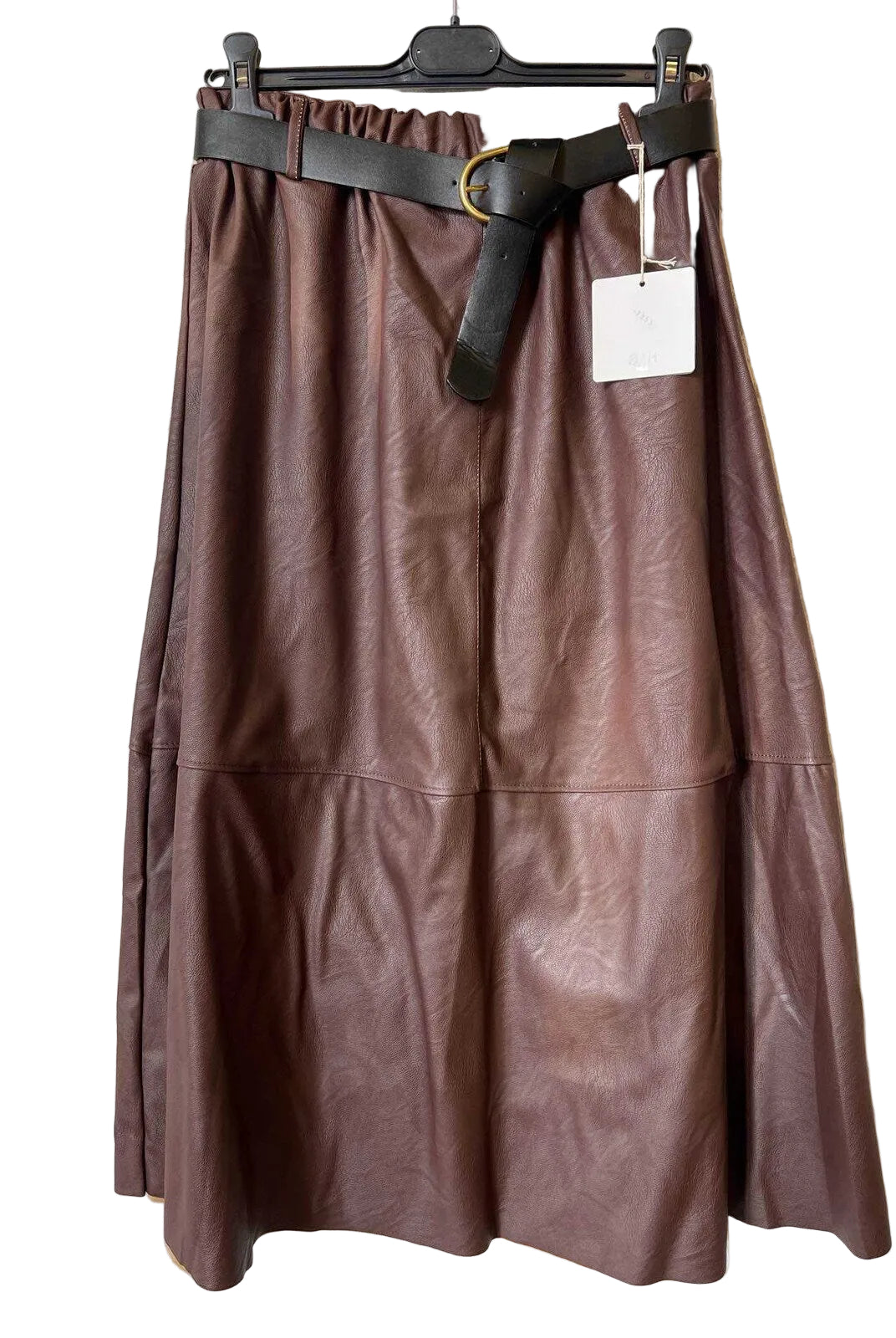 A brown faux leather midi skirt with a matching black belt