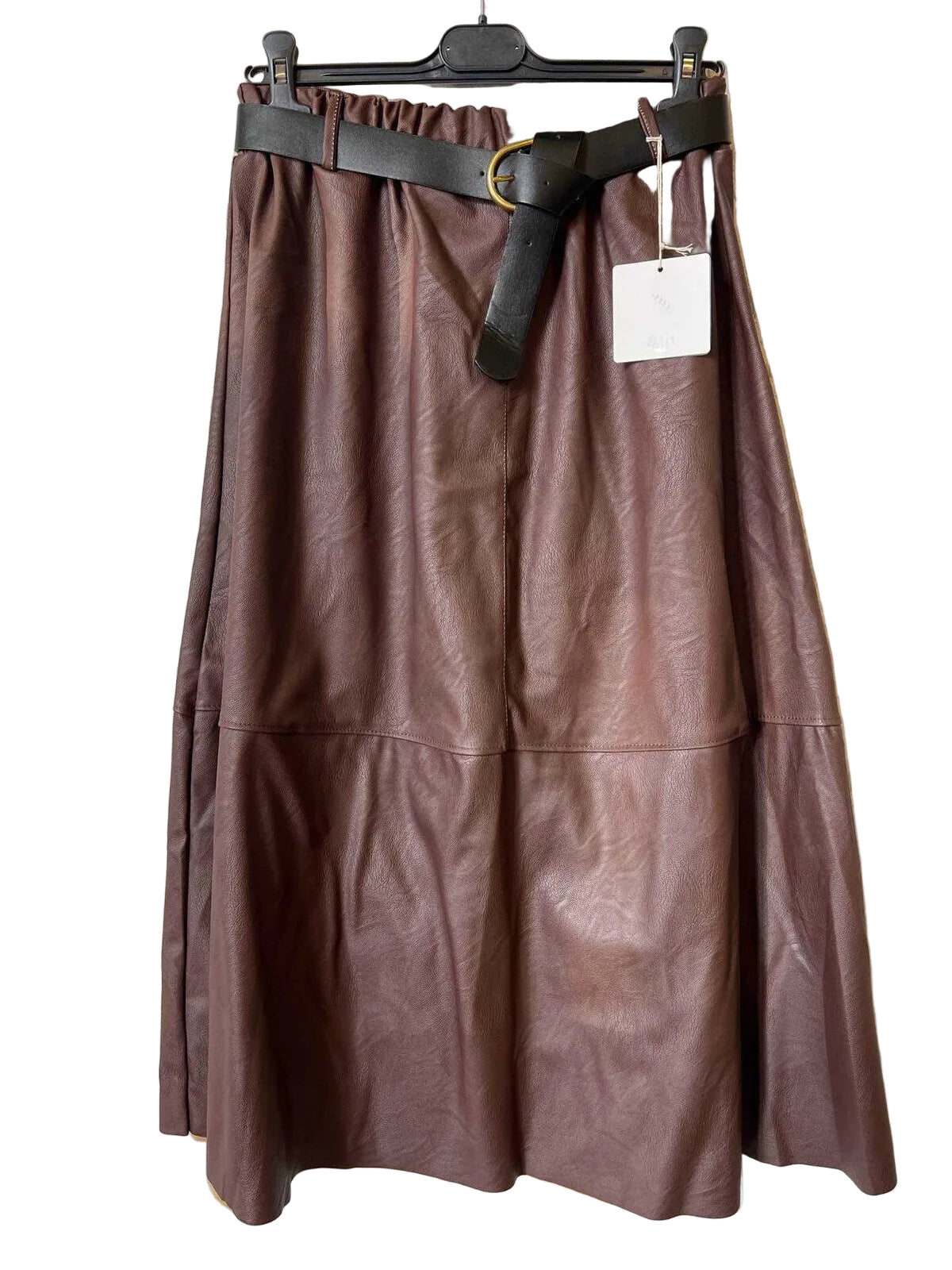 A brown faux leather midi skirt with a matching black belt