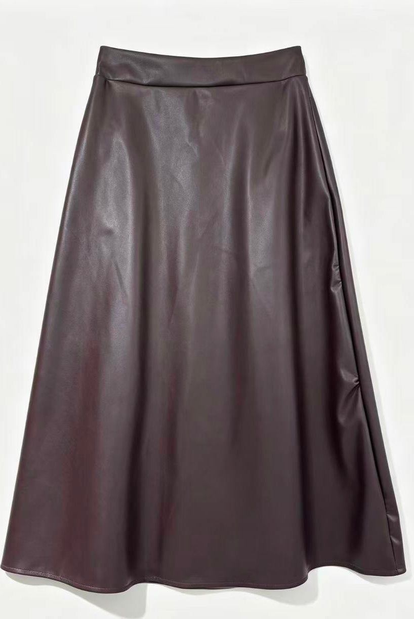 A burgundy leather A-line skirt with a wide waistband,