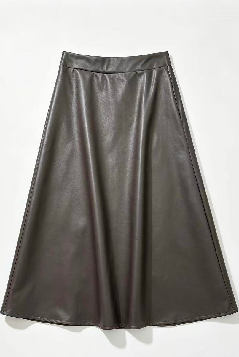 A dark brown leather A-line skirt with a wide waistband, displayed flat against a clean white background.