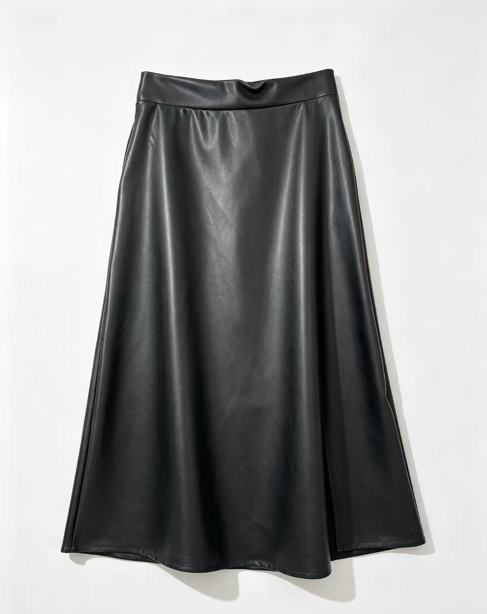 A black faux-leather A-line midi skirt with a wide waistband, displayed against a plain white background.