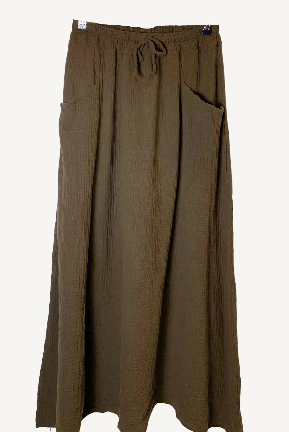 Brown skirt with a drawstring waist on a white background