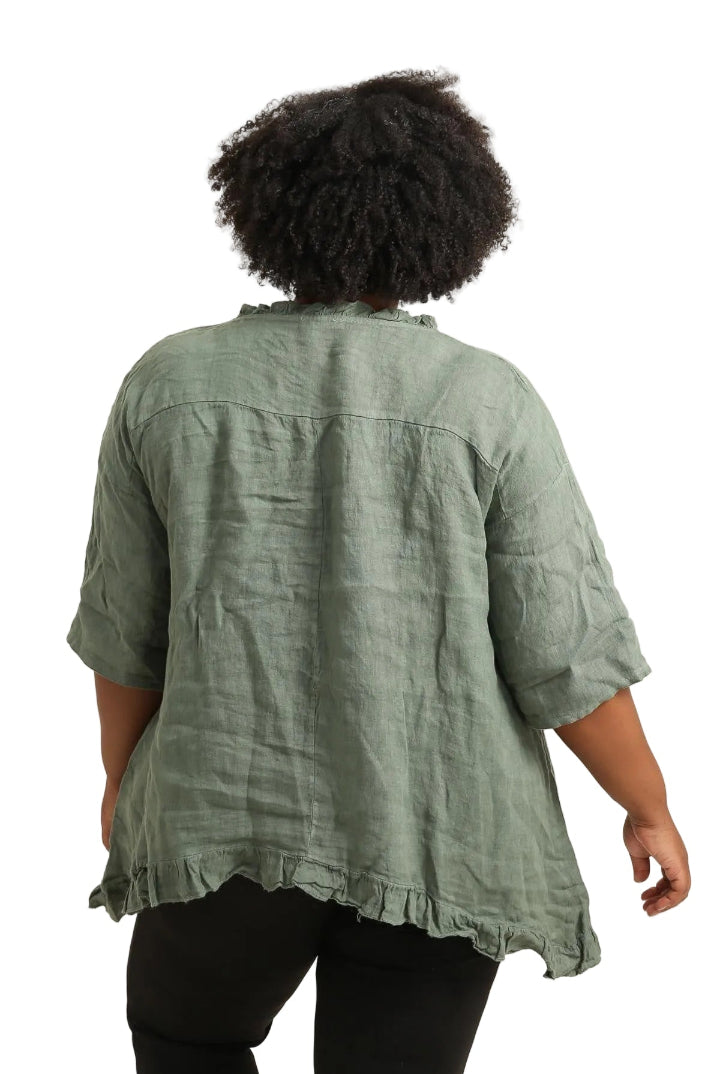 Person wearing a khaki shirt with a white background