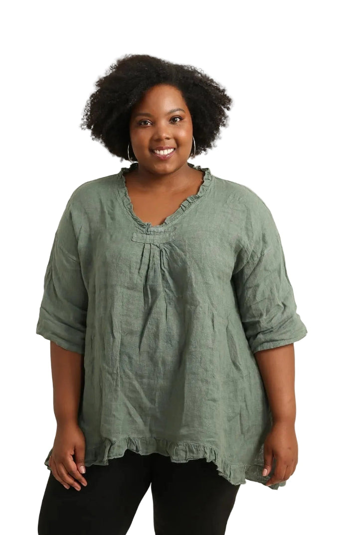 Woman wearing a khaki blouse against a white background