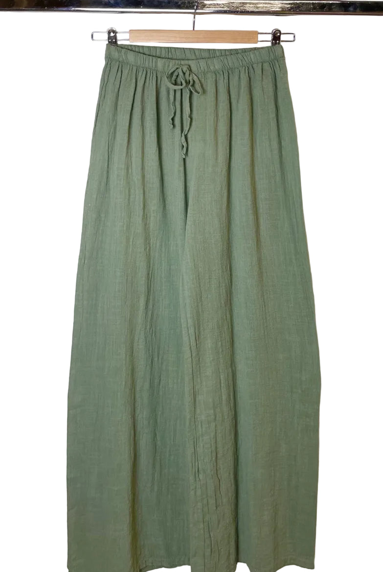 khaki wide leg cotton trouser on a white background