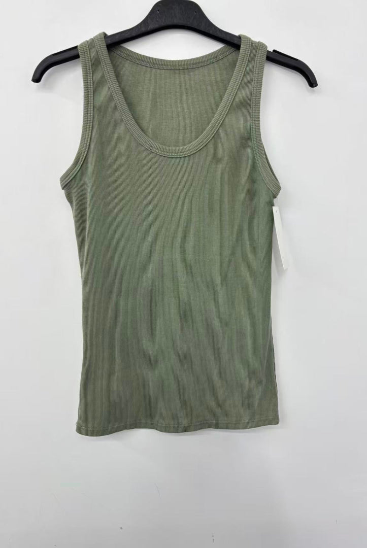 khaki tank top on a hanger against a white background