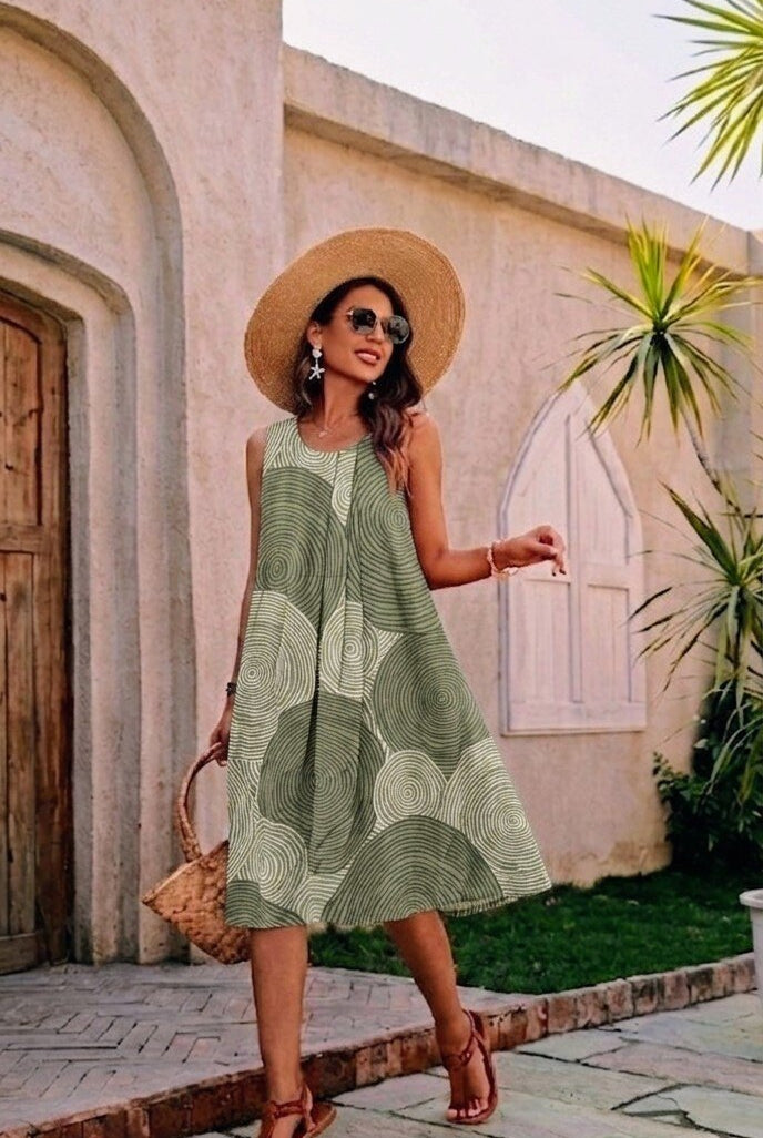 khaki printed sleeveless dress