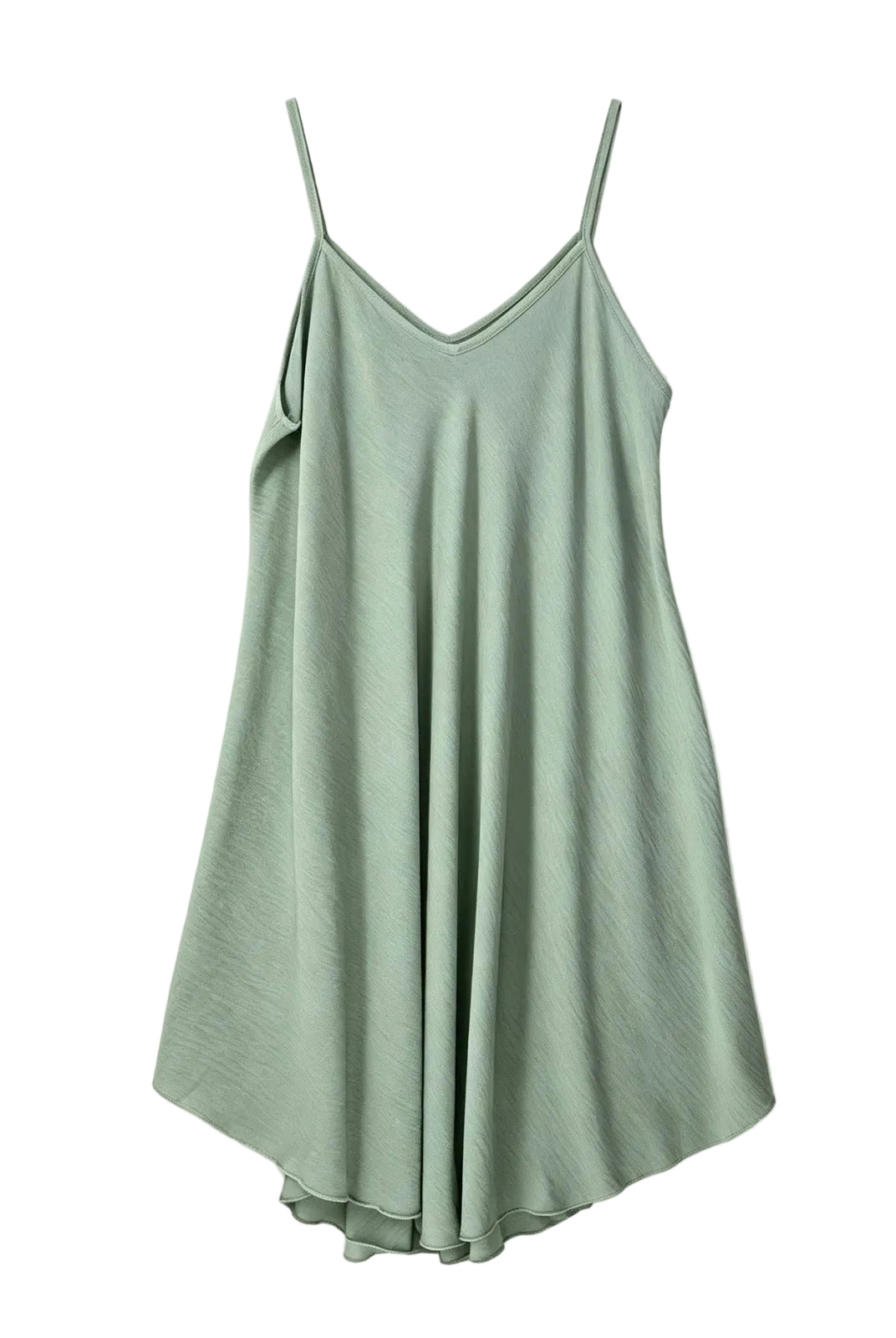 A sage green slip dress with thin spaghetti straps and a V-neckline, displayed against a clean white background.