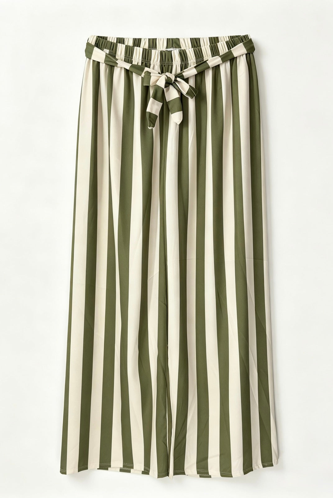 Khaki and white striped trousers with a tie waist on a white background