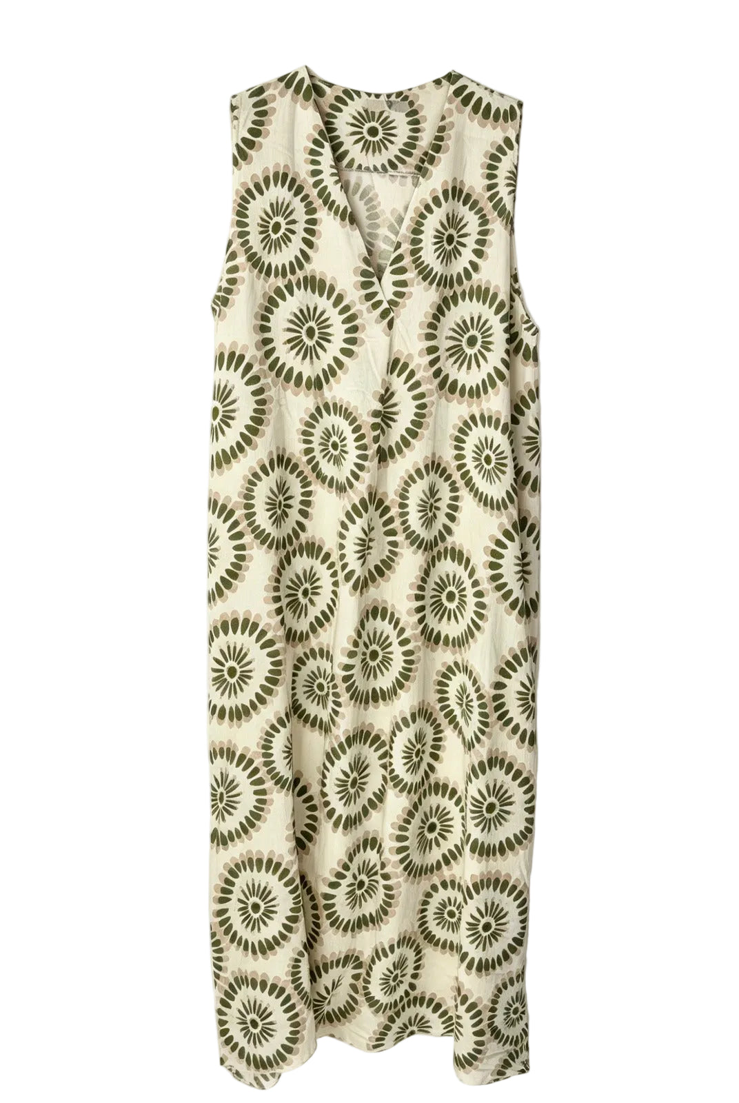 sleeveless v neck khaki print dress