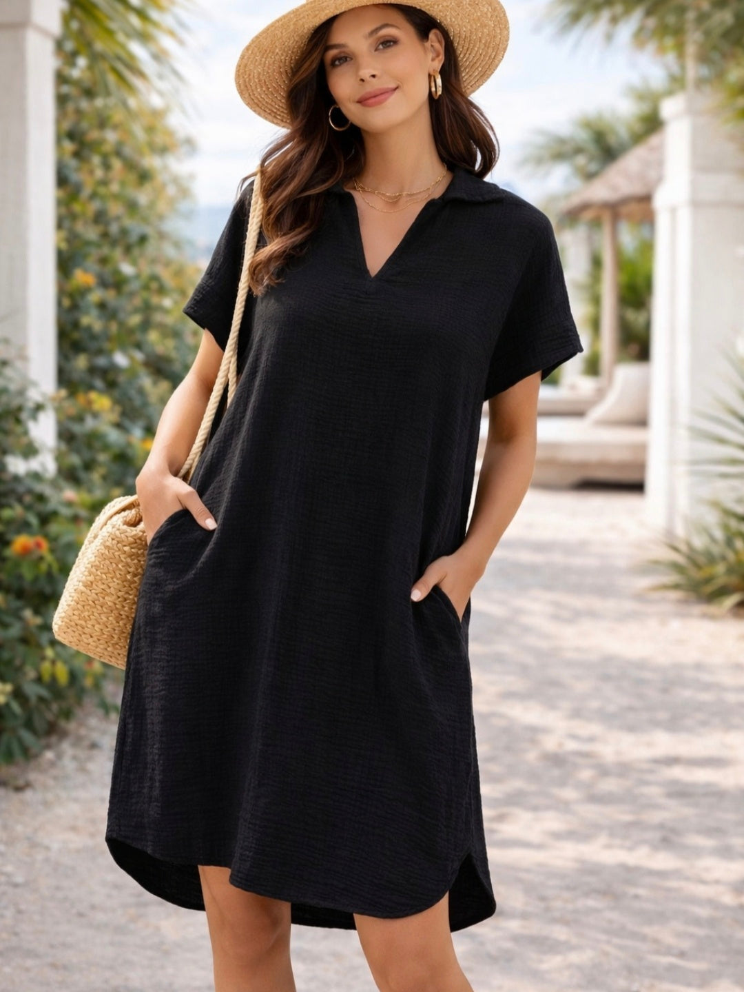 black short sleeve cotton gauze dress