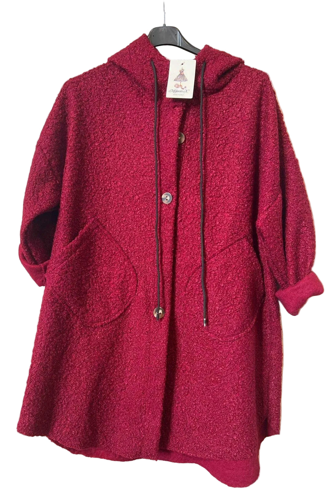 A textured, deep red hooded cardigan with drawstrings and front pockets,