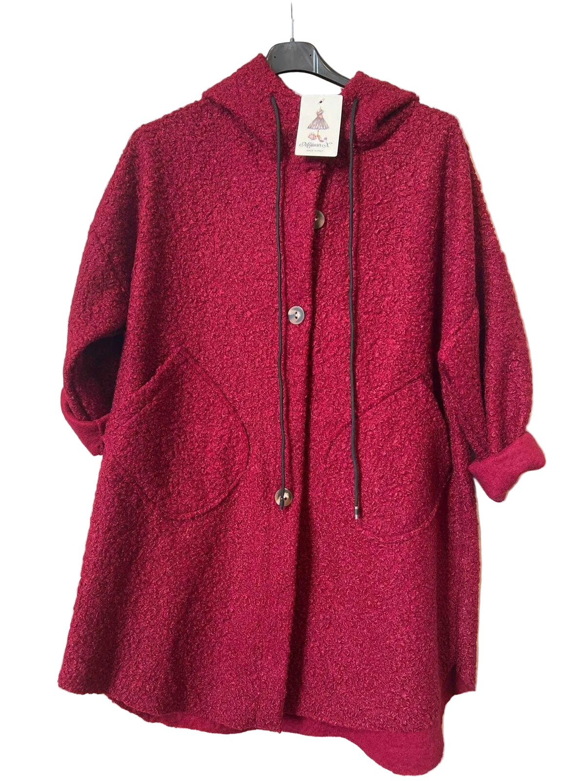 A textured, deep red hooded cardigan with drawstrings and front pockets,
