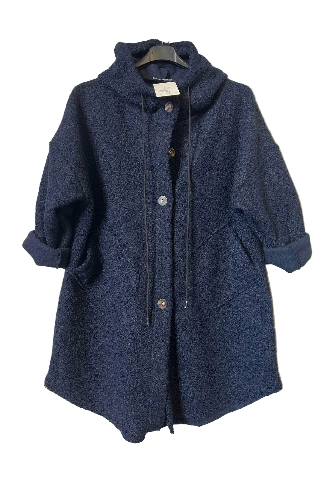 A dark navy blue textured hooded coat with a button front