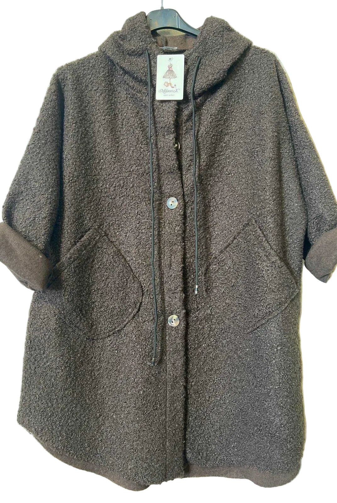 A brown textured hooded coat with drawstrings and button closures,
