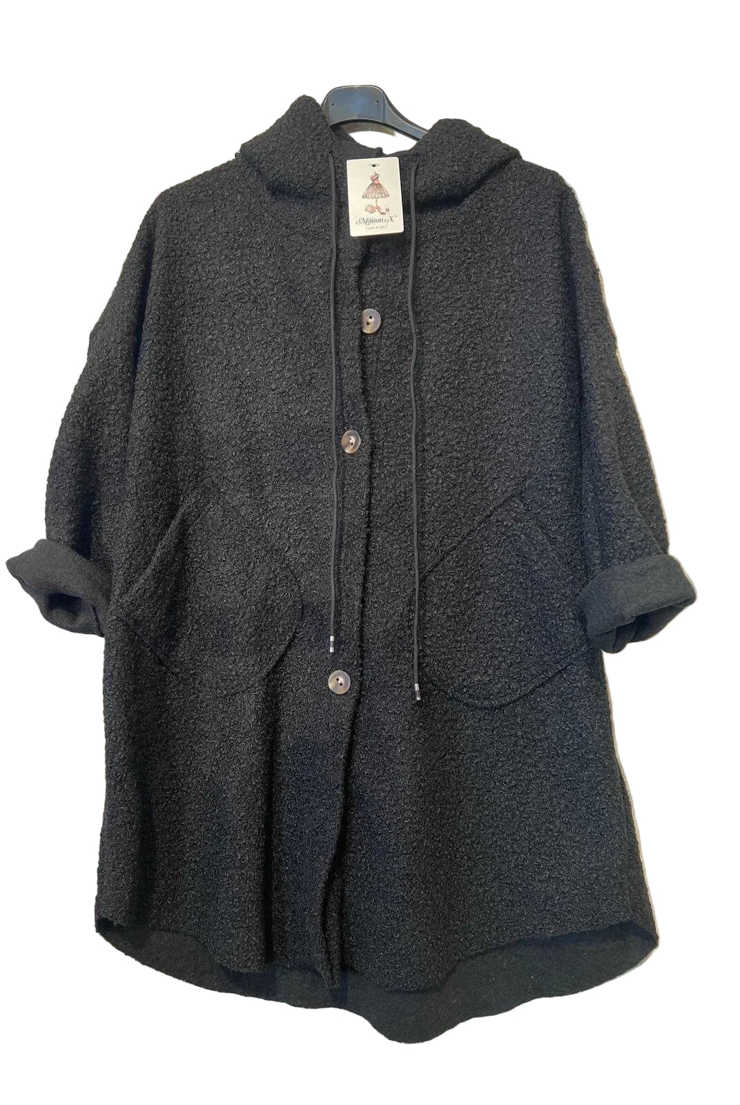 A black textured hooded coat with a drawstring and front buttons,
