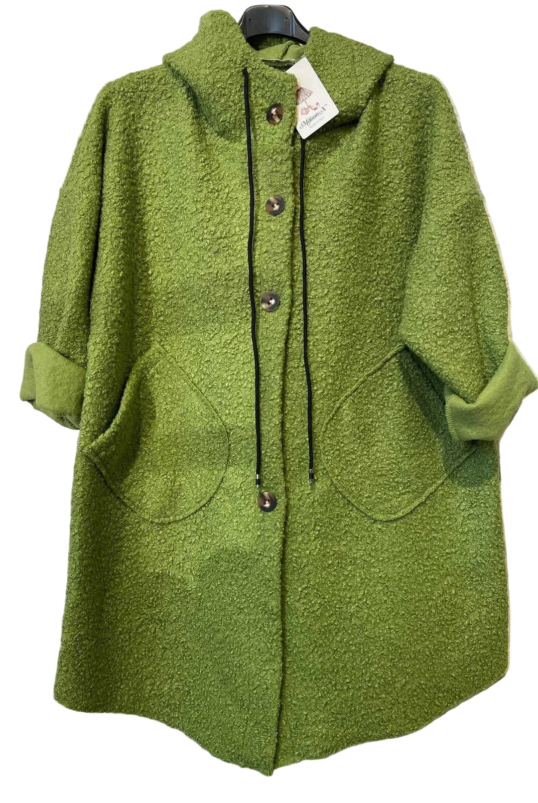 A textured olive green hooded coat with a button front,