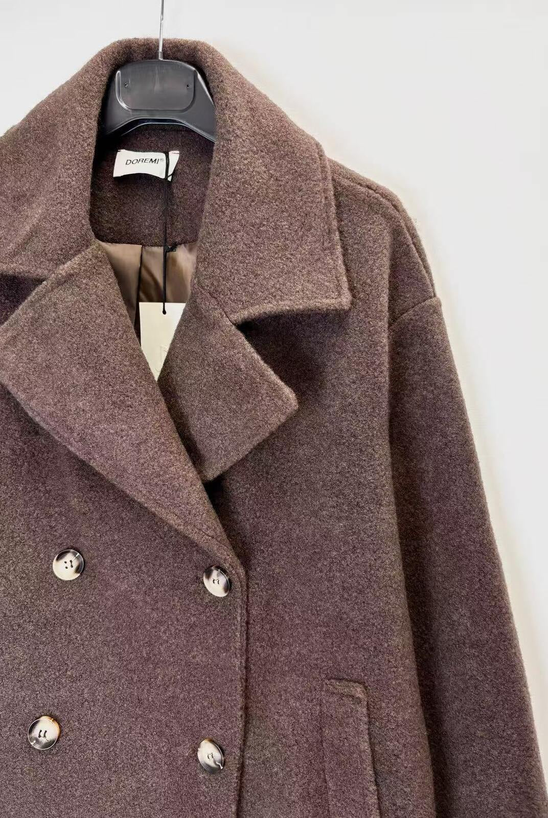 Brown double breasted 3/4 length jacket in polyester