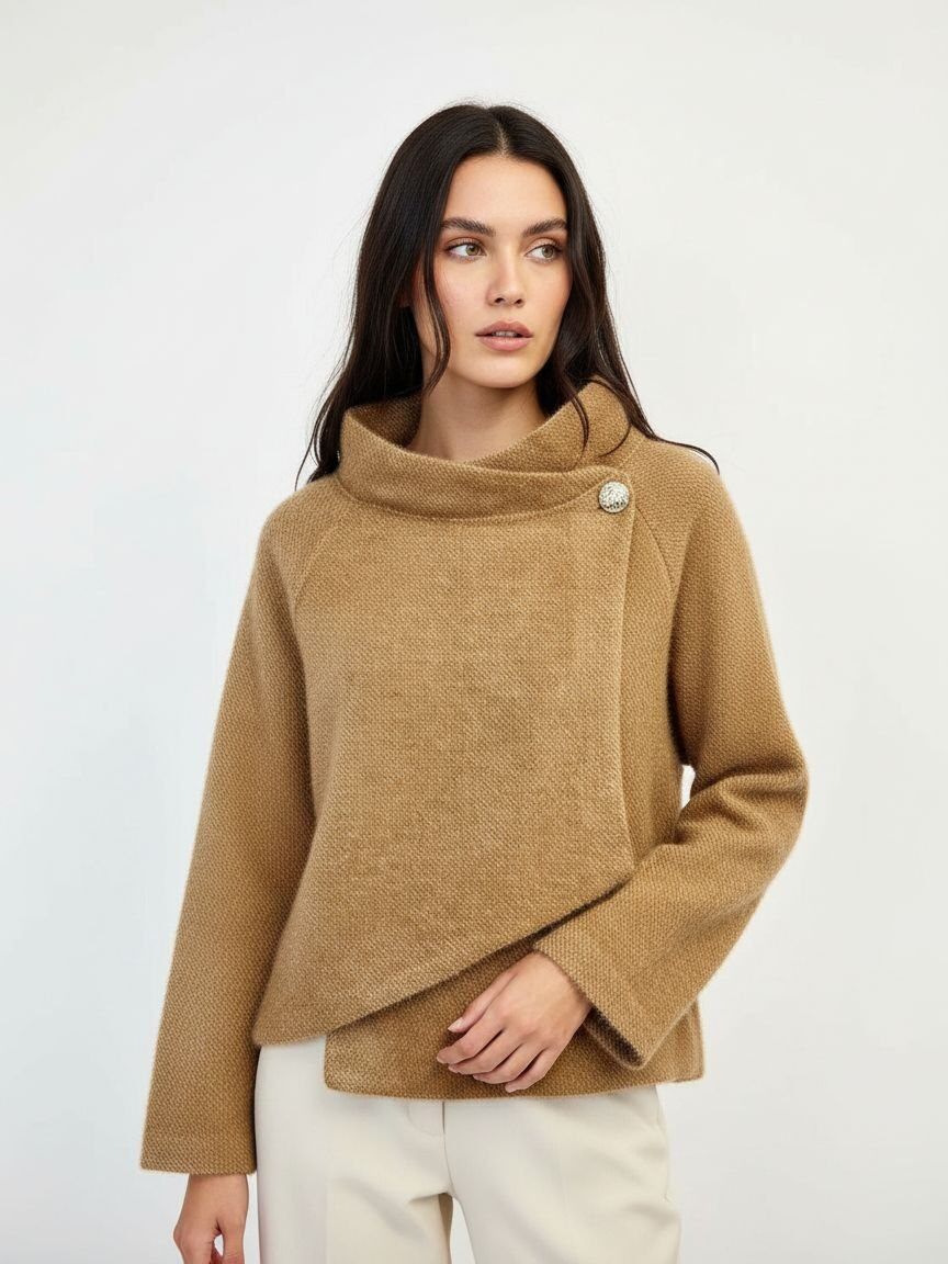 A woman wearing a camel-colored knit sweater with a cowl neck and asymmetrical button detail, paired with cream pants, against a plain light gray background.