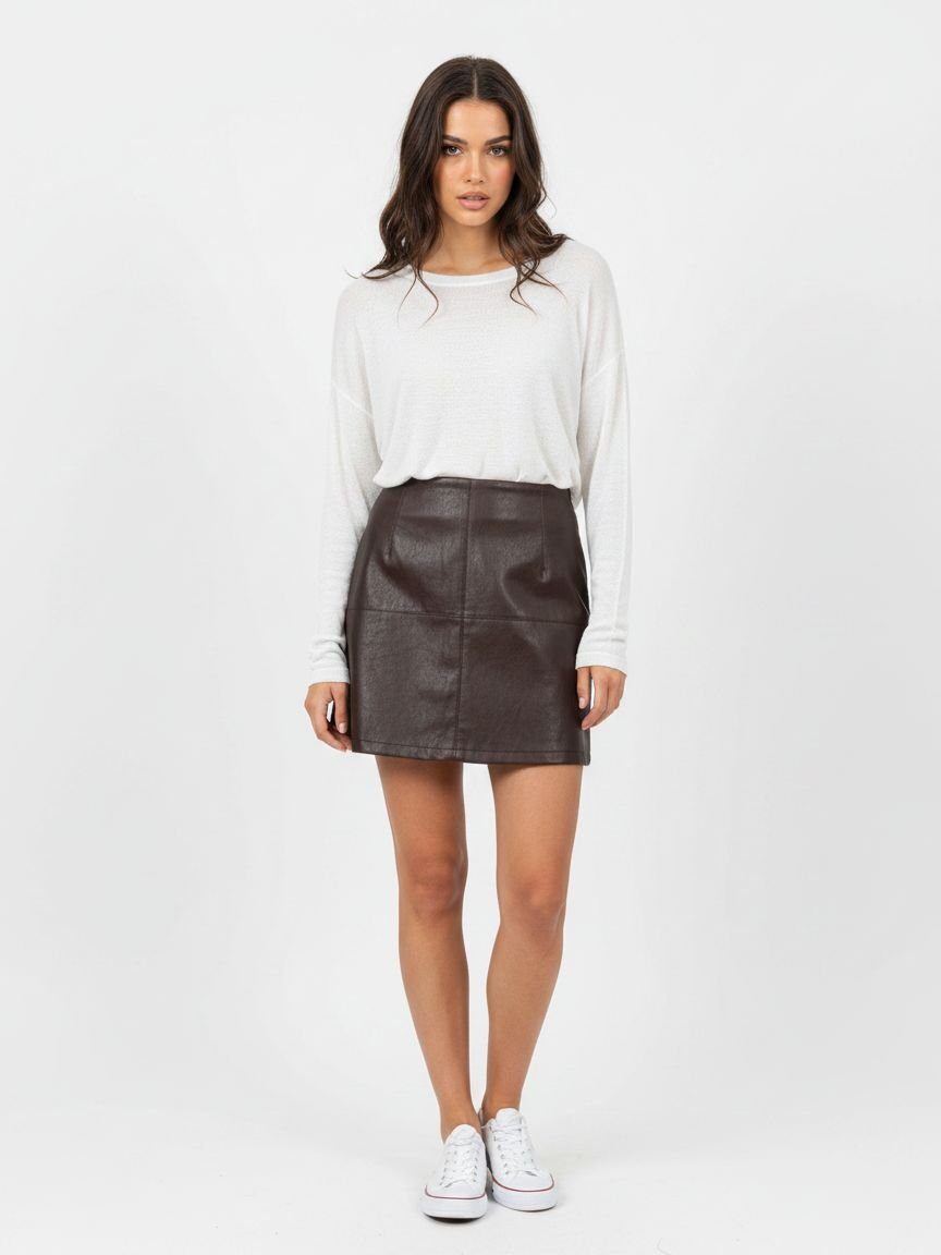 A woman modeling a dark brown faux-leather mini skirt paired with a white long-sleeve top and white sneakers, standing against a plain white studio background.
