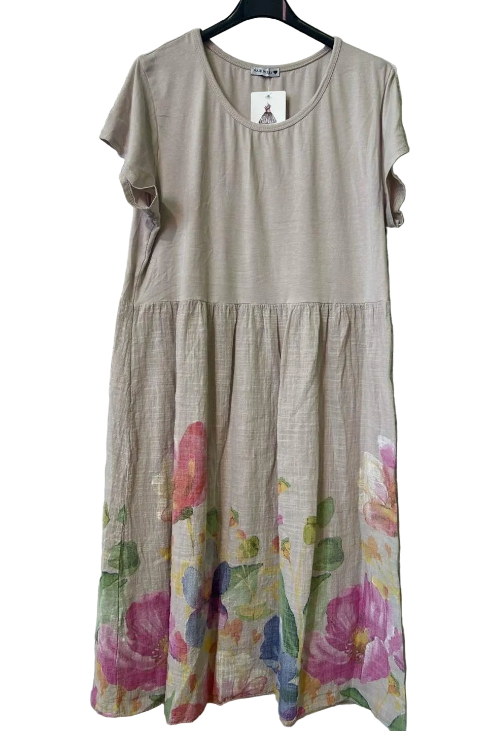 beige cotton and linen dress with floral print