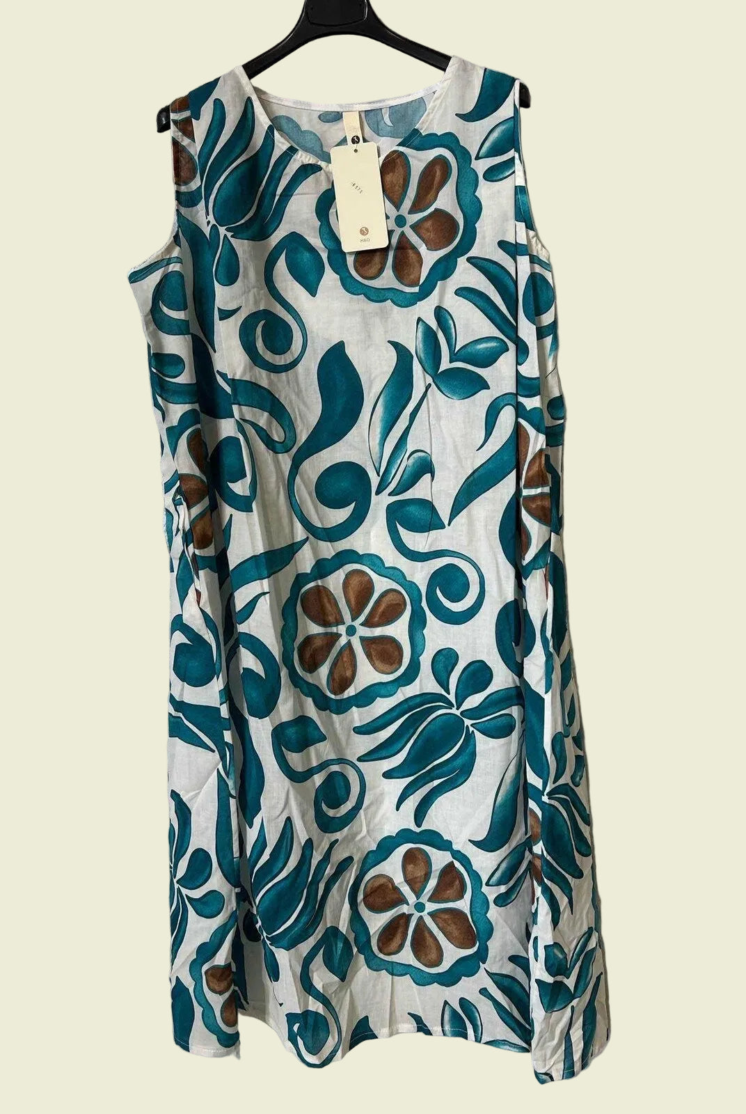 Floral Celadon patterned dress on a hanger