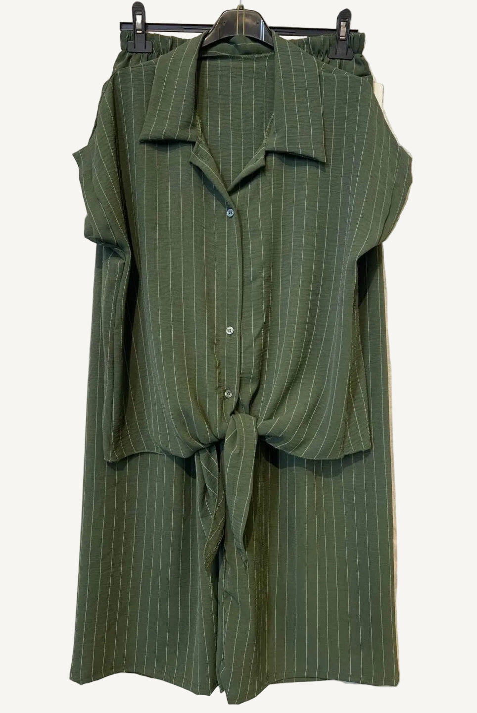 khaki two piece trouser and shirt