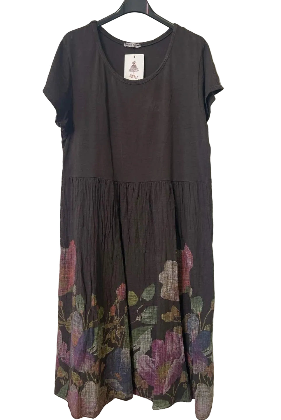Brown cotton and linen floral print dress
