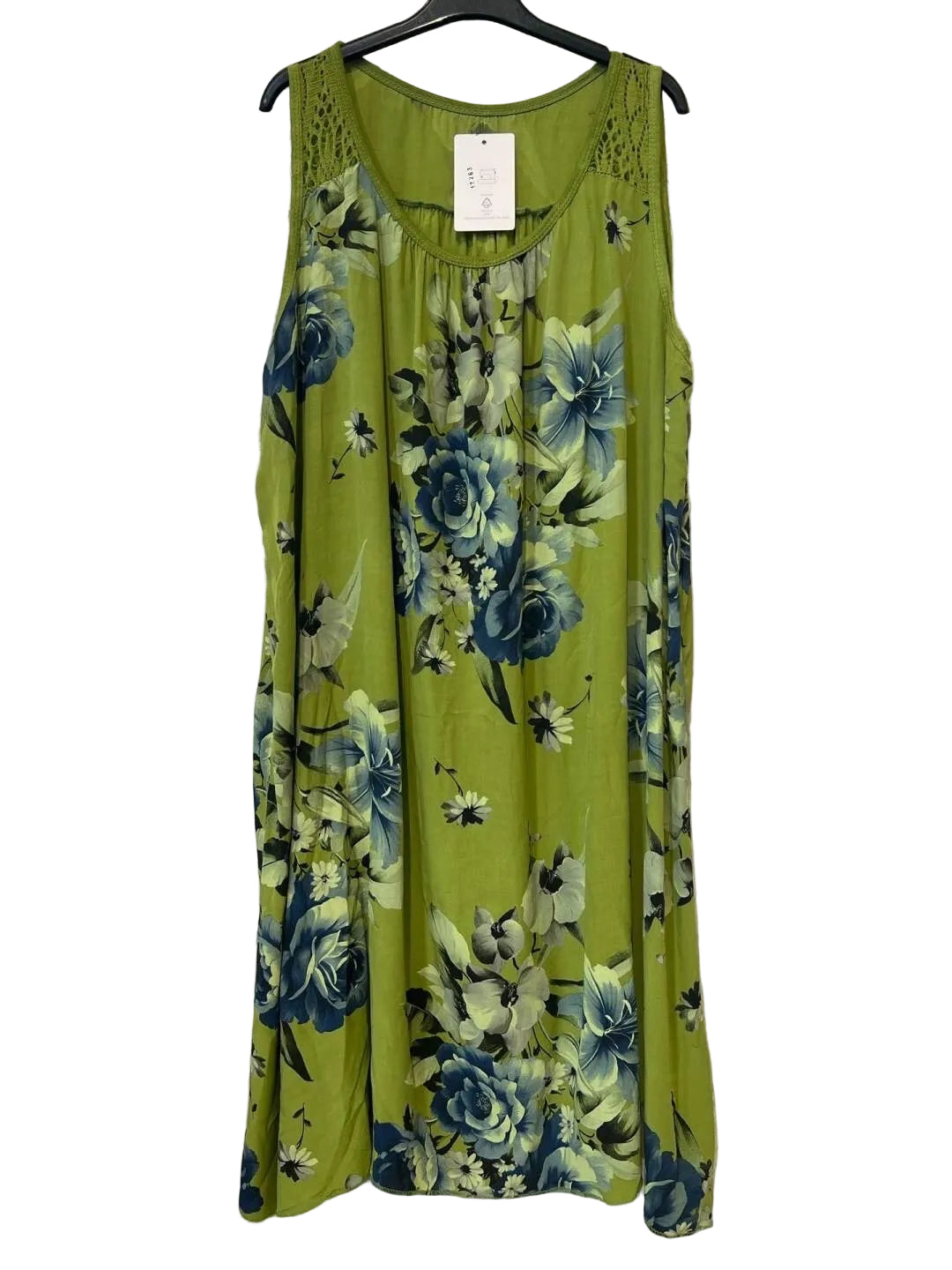 A sleeveless lime green dress with a blue and white floral print