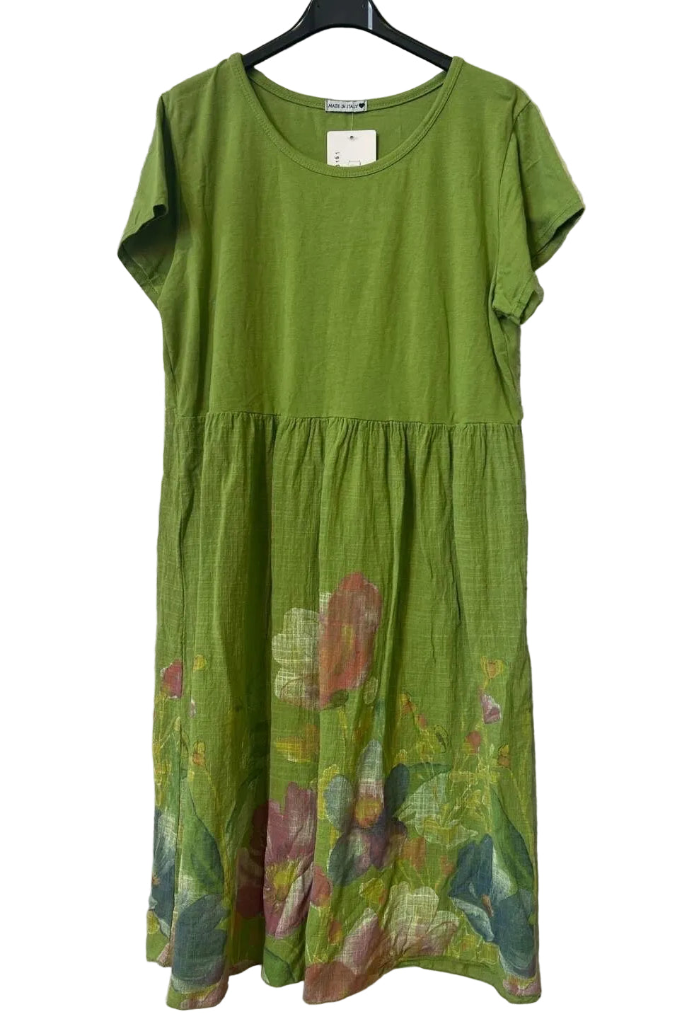 Lime green floral print cotton and linen dress