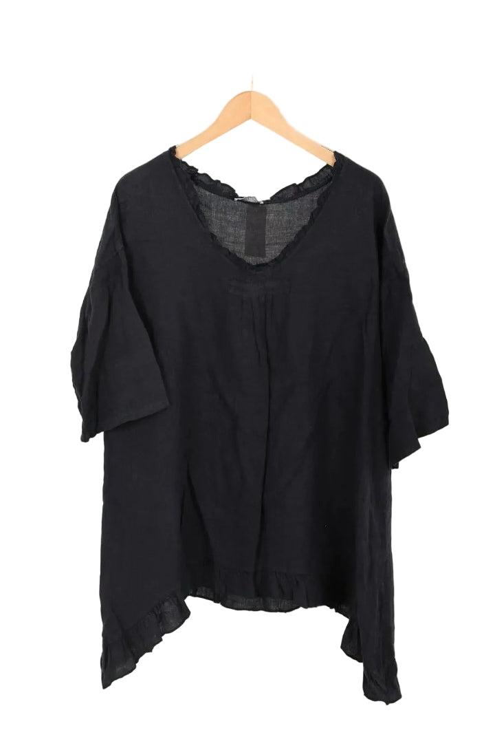 Navy Blue blouse on a wooden hanger against a white background