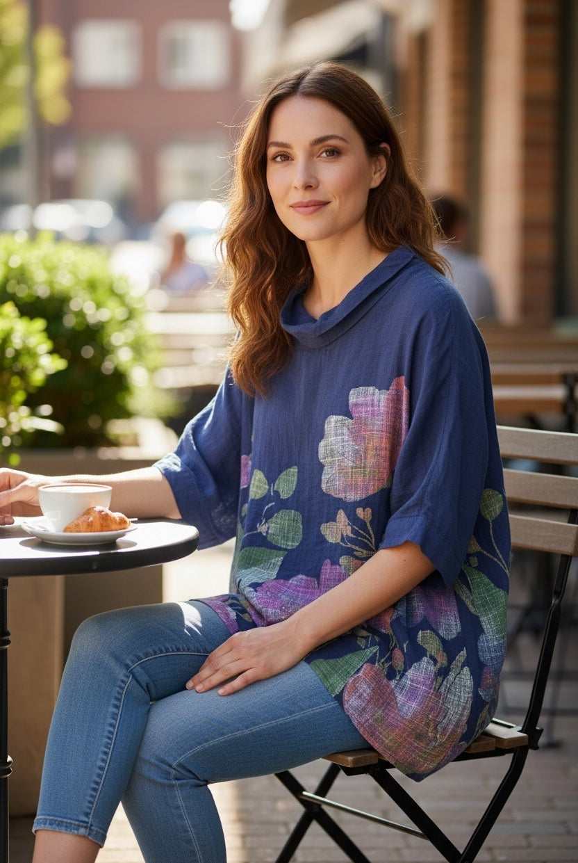 Woman sitting outdoors at a cafe wearing a blue floral-patterned tunic top