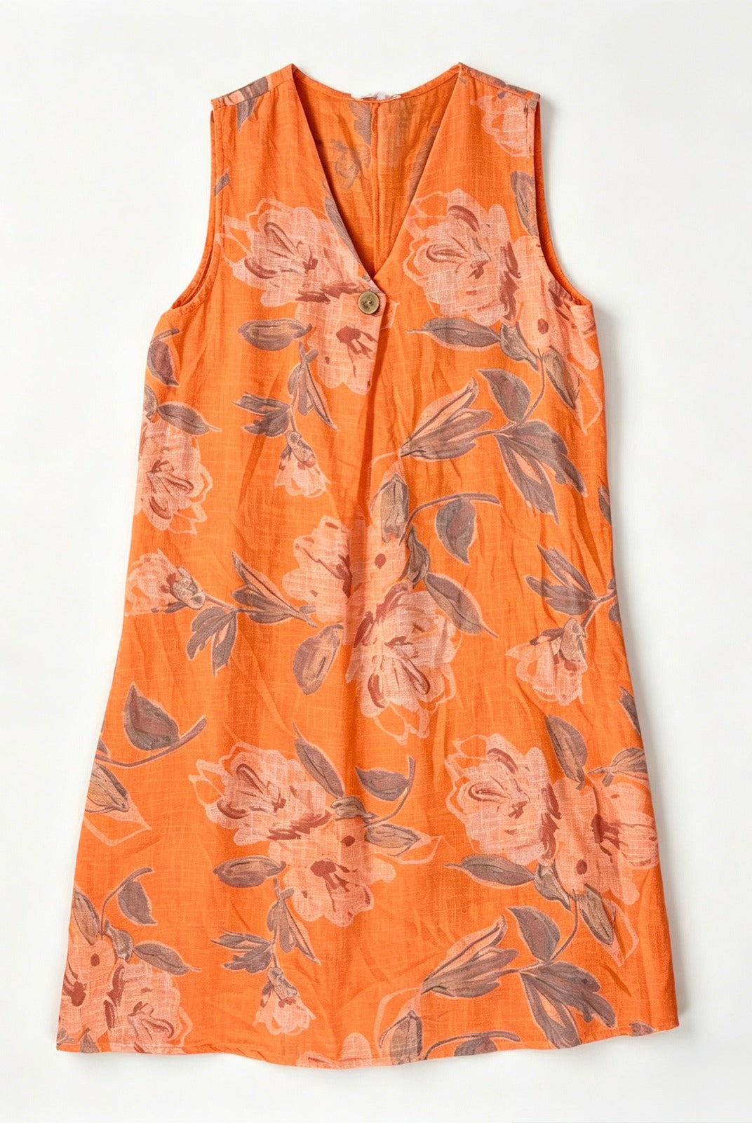 An orange sleeveless V-neck dress with a floral print