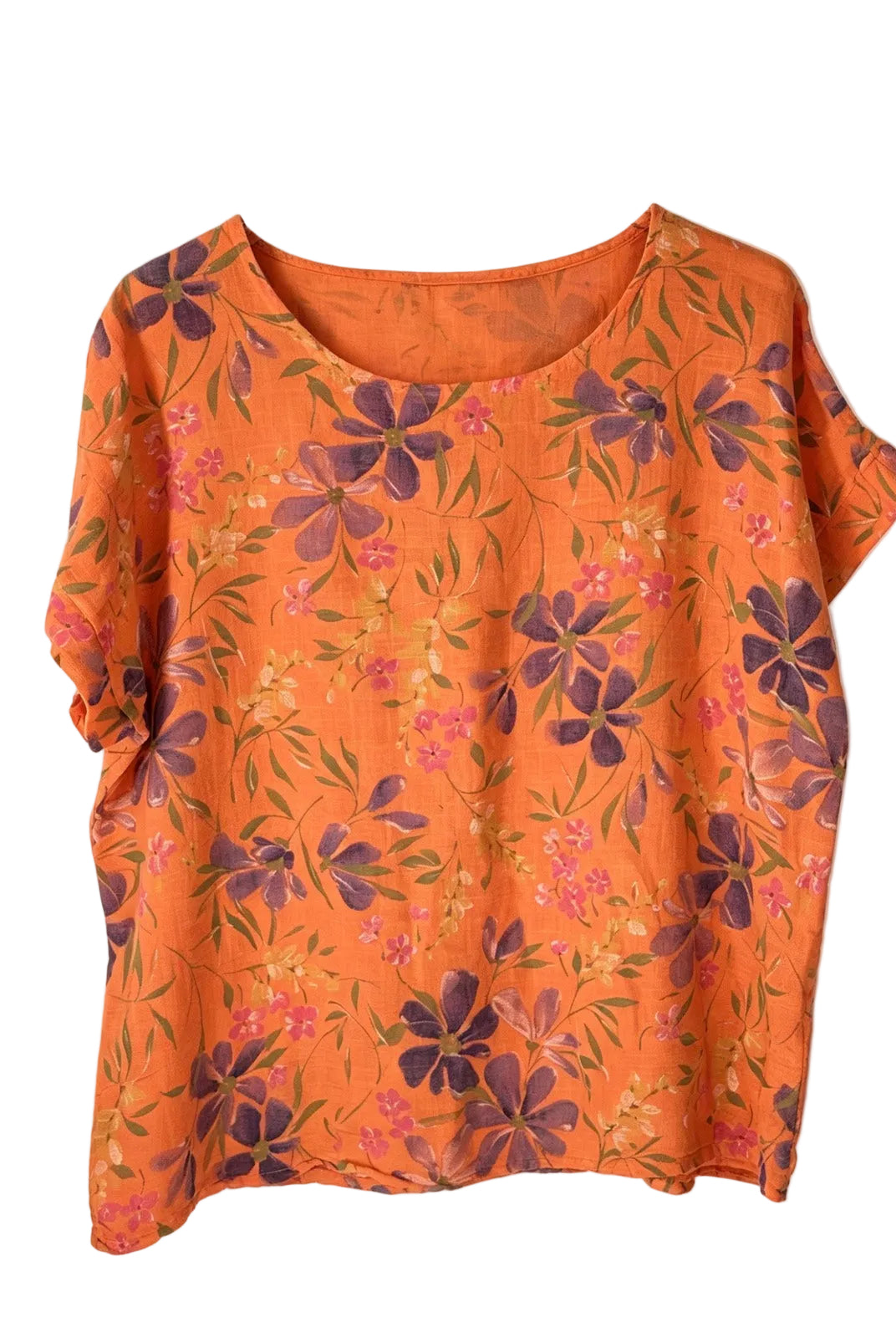 orange floral print top with round neck and short sleeves