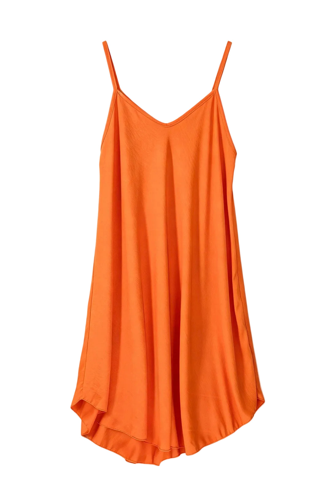 An orange spaghetti-strap slip dress with a V-neckline, displayed flat against a plain white background.