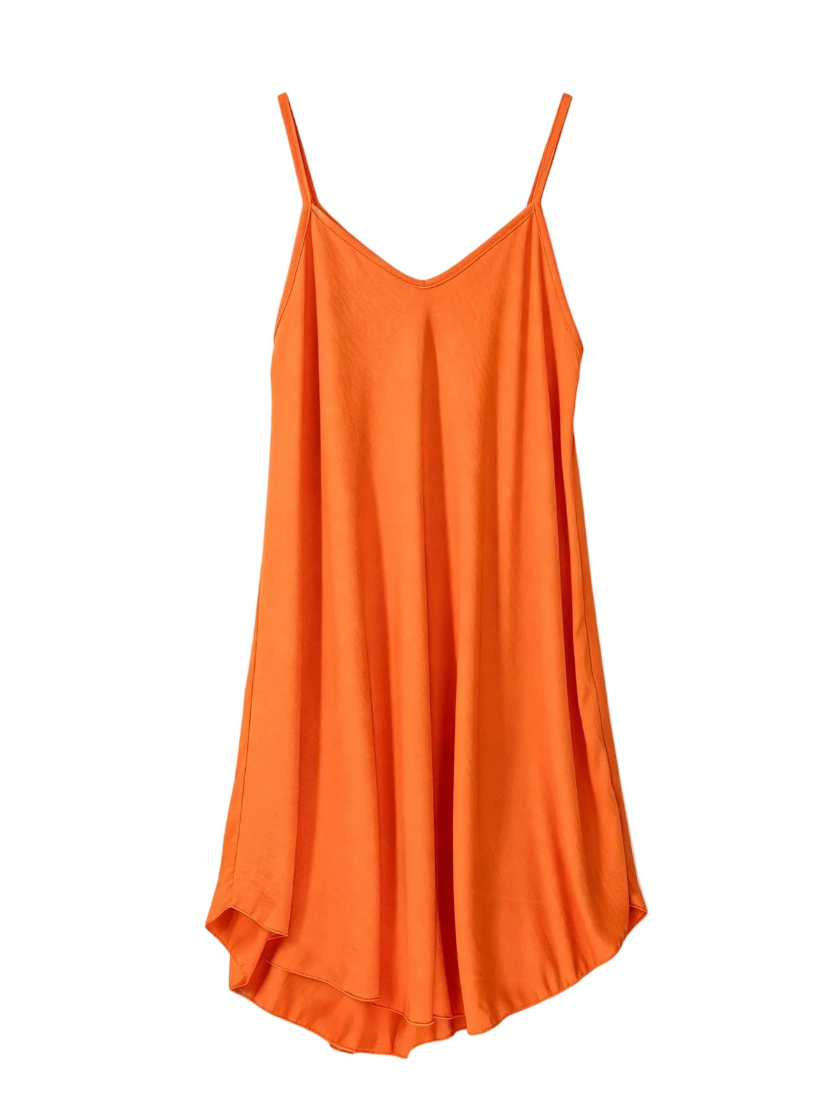 An orange spaghetti-strap slip dress with a V-neckline, displayed flat against a plain white background.