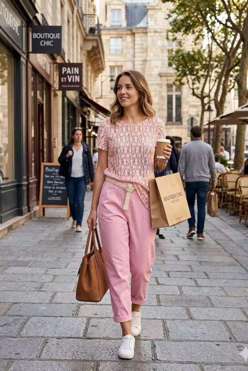 Woman walking down a street in an urban setting, holding a coffee cup and shopping bag.