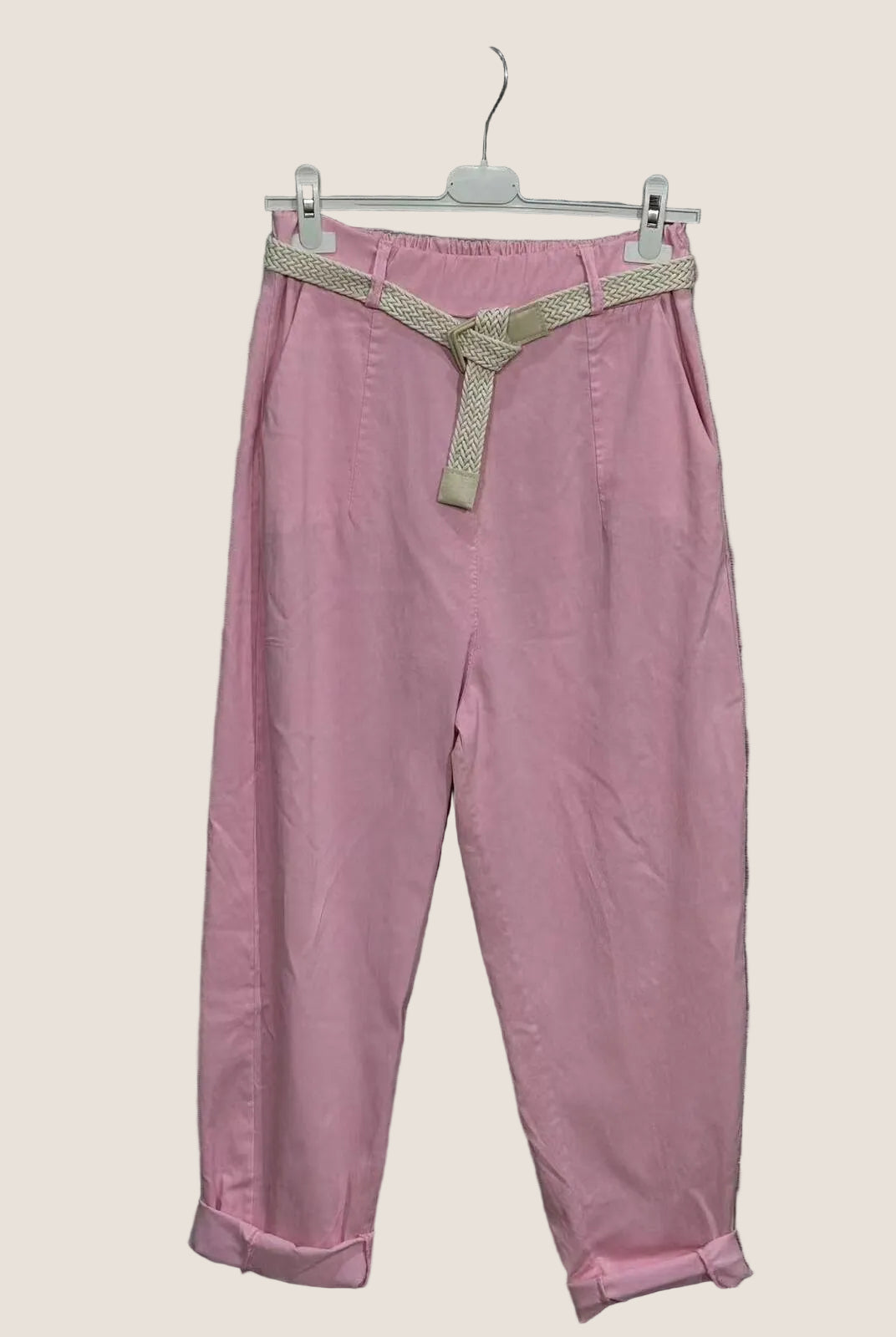 Pink pants with a belt