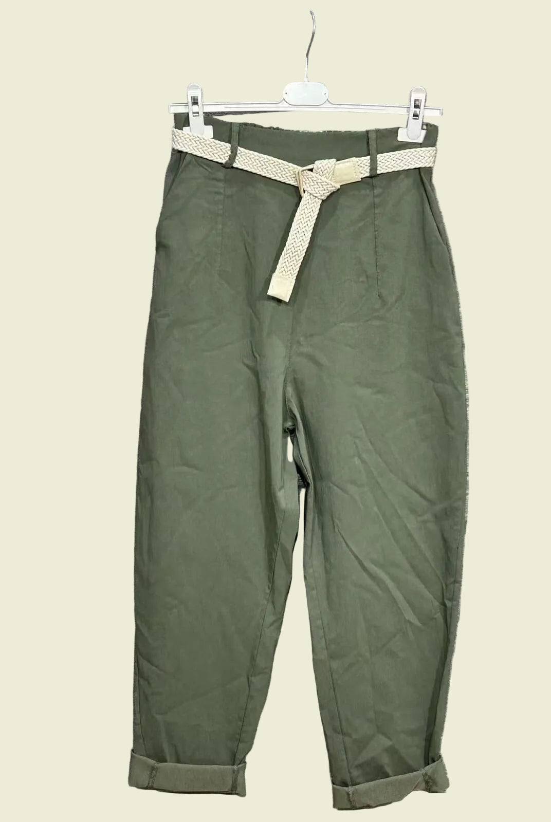 Green pants with a belt