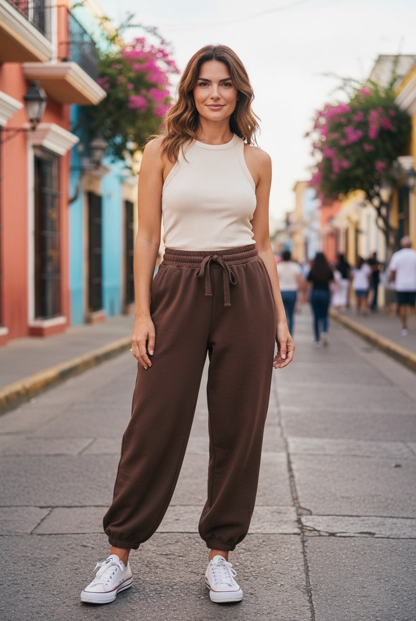 A woman stands on a city street wearing loose brown drawstring sweatpants, a cream sleeveless top, and white sneakers. Colorful buildings and pink flowers line the street in the background.