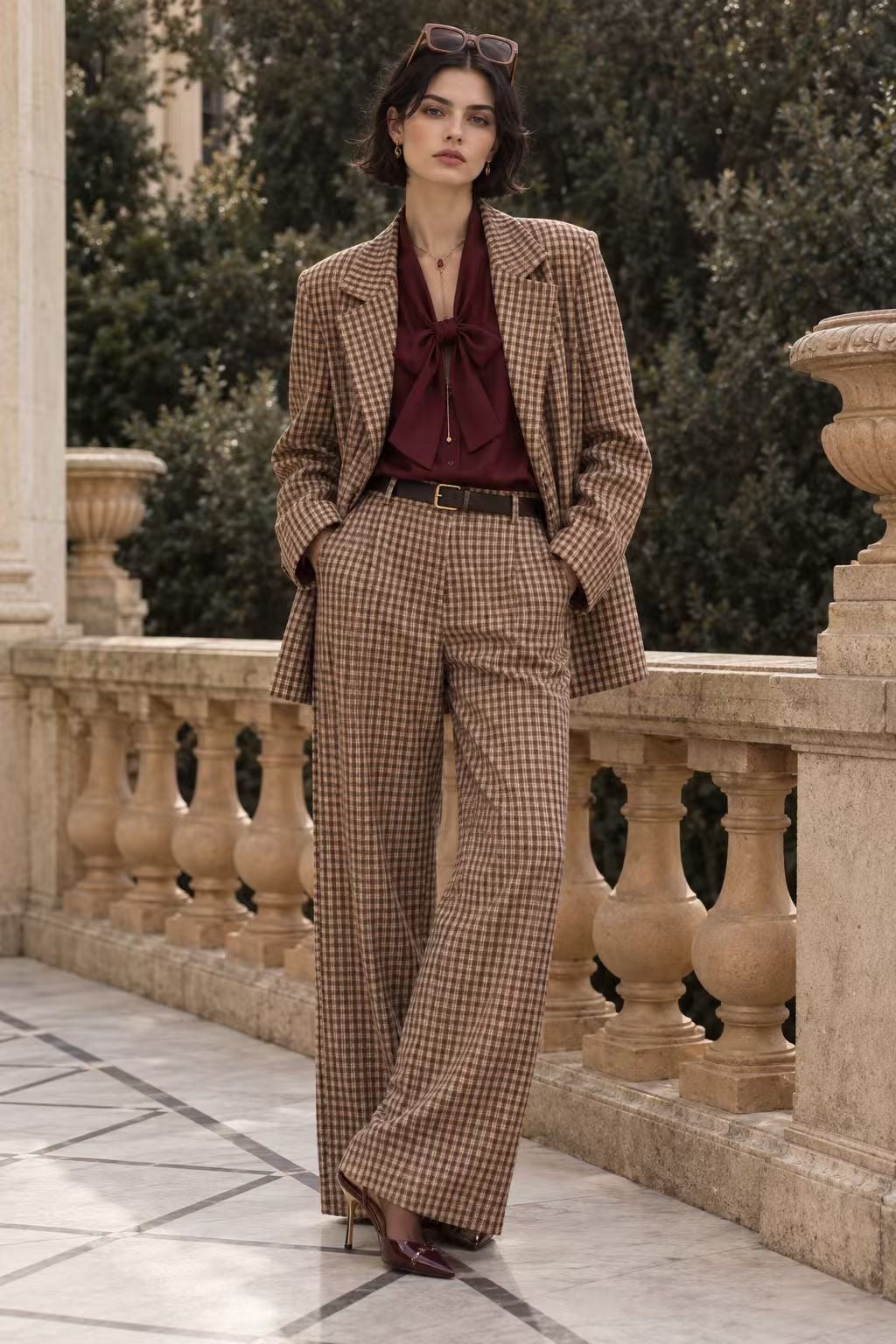A woman stands on an outdoor stone terrace wearing a brown and beige checkered blazer and matching wide-leg trousers, paired with a dark burgundy bow-neck blouse and dark pointed heels.